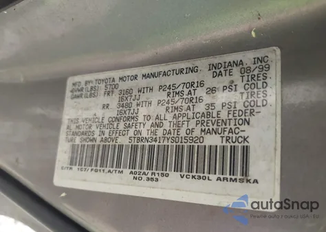 2000 Toyota Tundra Sr5 from USA, damaged, VIN 5TBRN3417YS015920